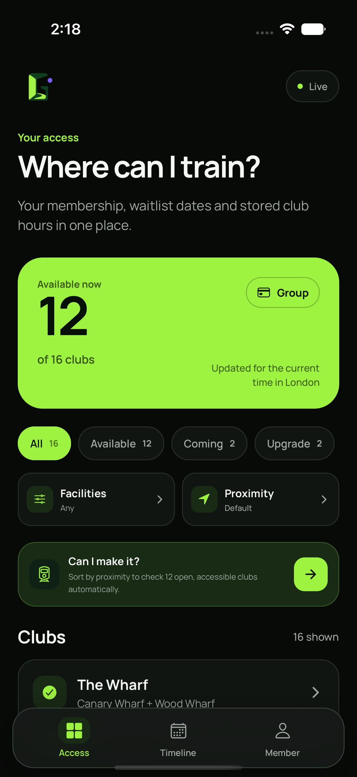 Green Space club access screen