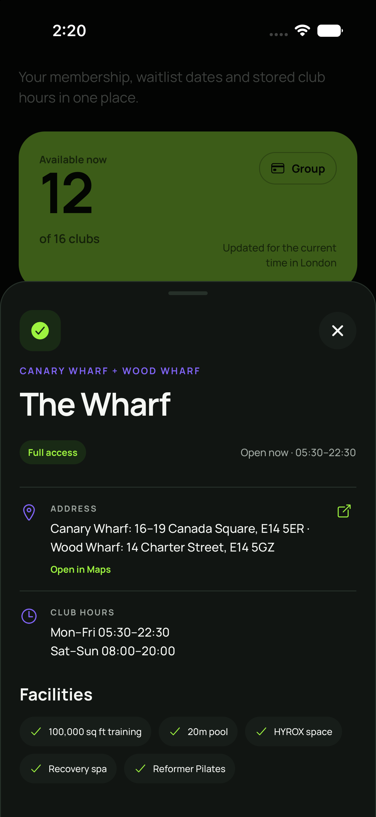 Green Space club details screen