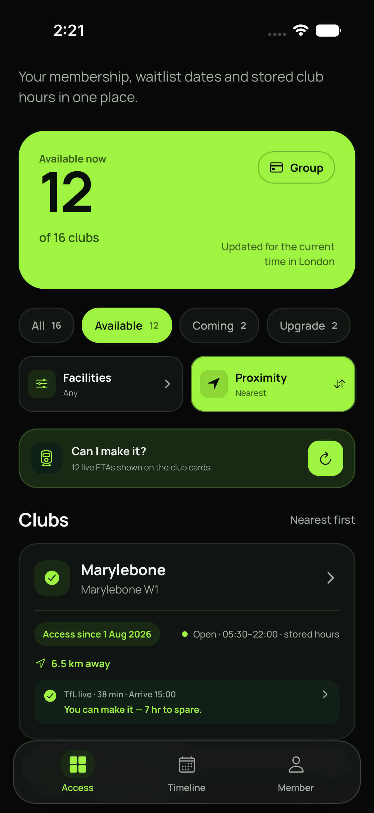 Green Space optional live journeys screen